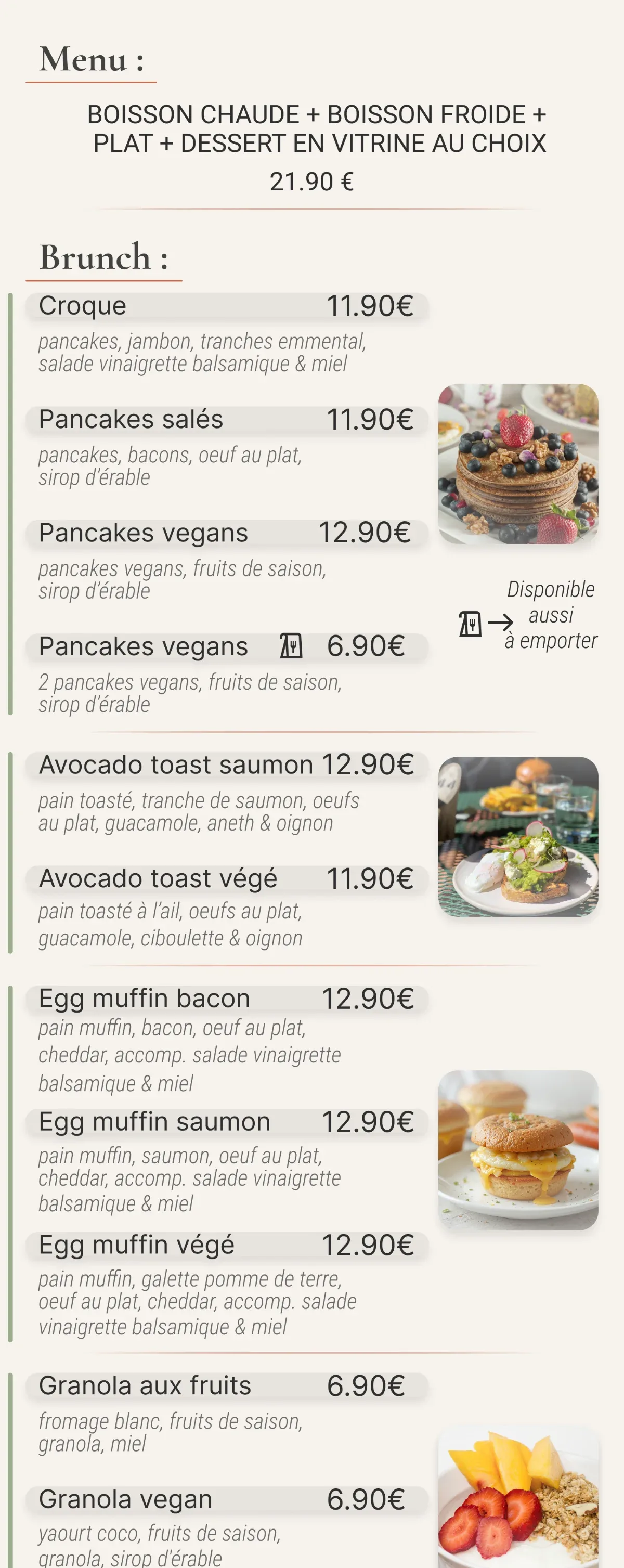 Écran menu — la carte brunch consultable sur mobile, avec visuels.