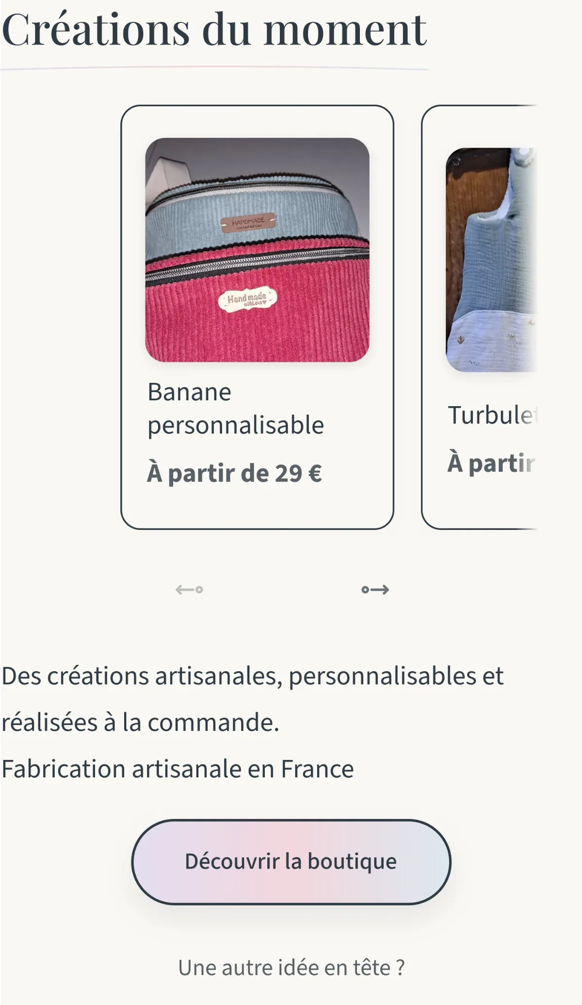 Créations du moment — carrousel mobile de réalisations.
