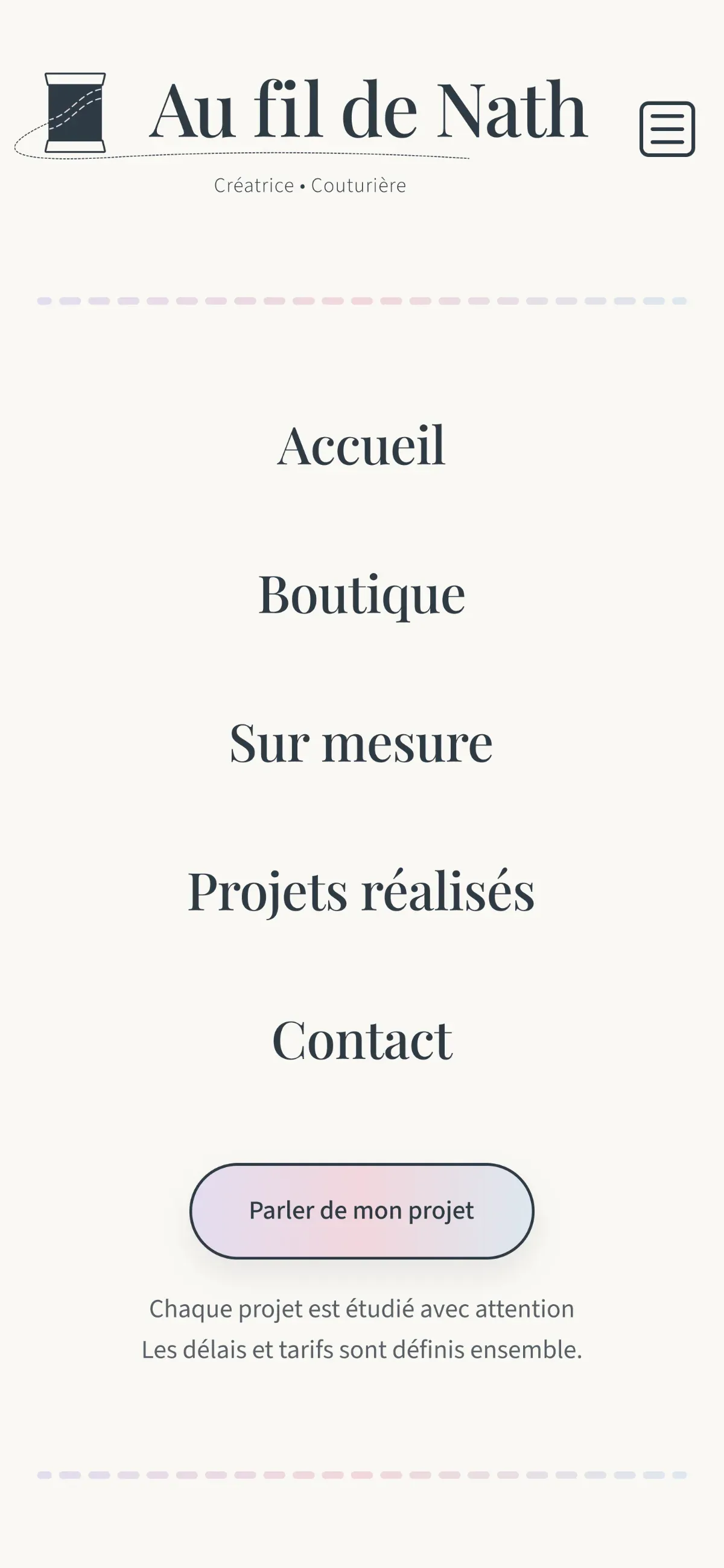 Menu mobile — réduit aux destinations essentielles.