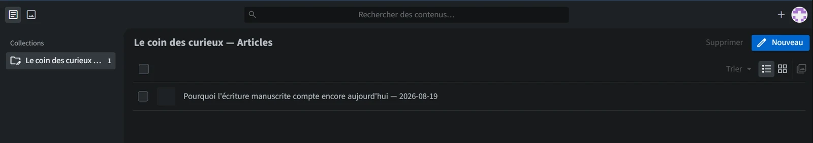 Interface du CMS côté cliente : la collection « Le coin des curieux — Articles », avec un article publié et un bouton Nouveau.