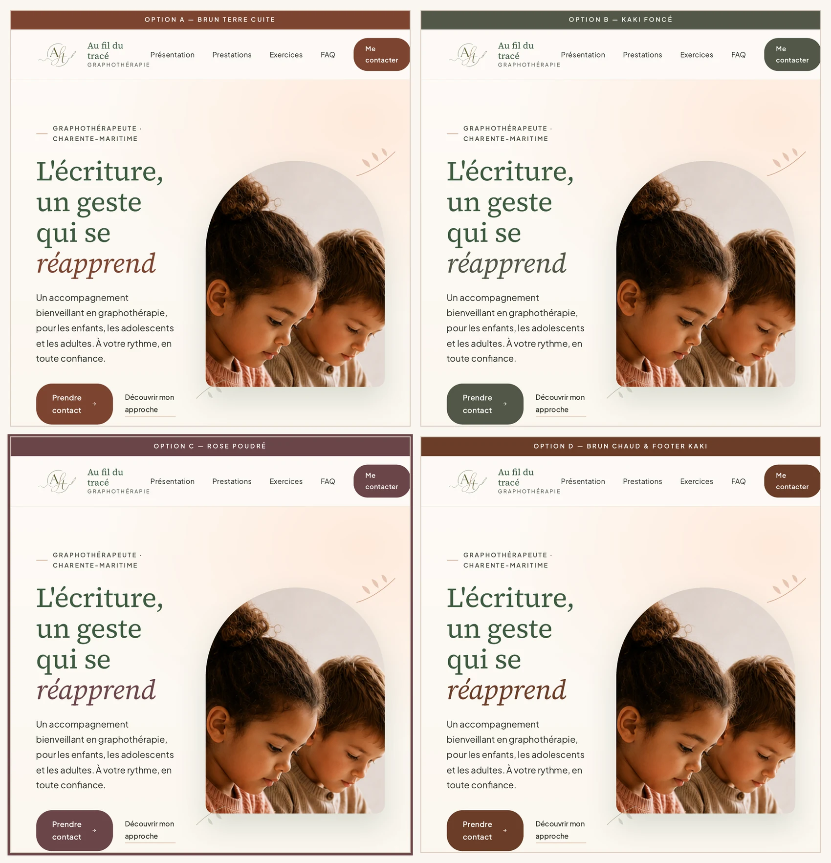 Les quatre directions couleur et typo envoyées avec le devis : A brun terre cuite, B kaki foncé, C rose poudré, D brun chaud et footer kaki. L'option C est encadrée.