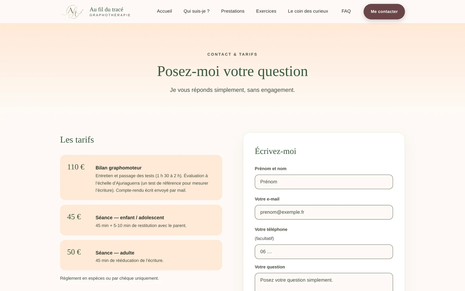 Formulaire de contact du site livré, en version desktop, à côté du rappel des tarifs.