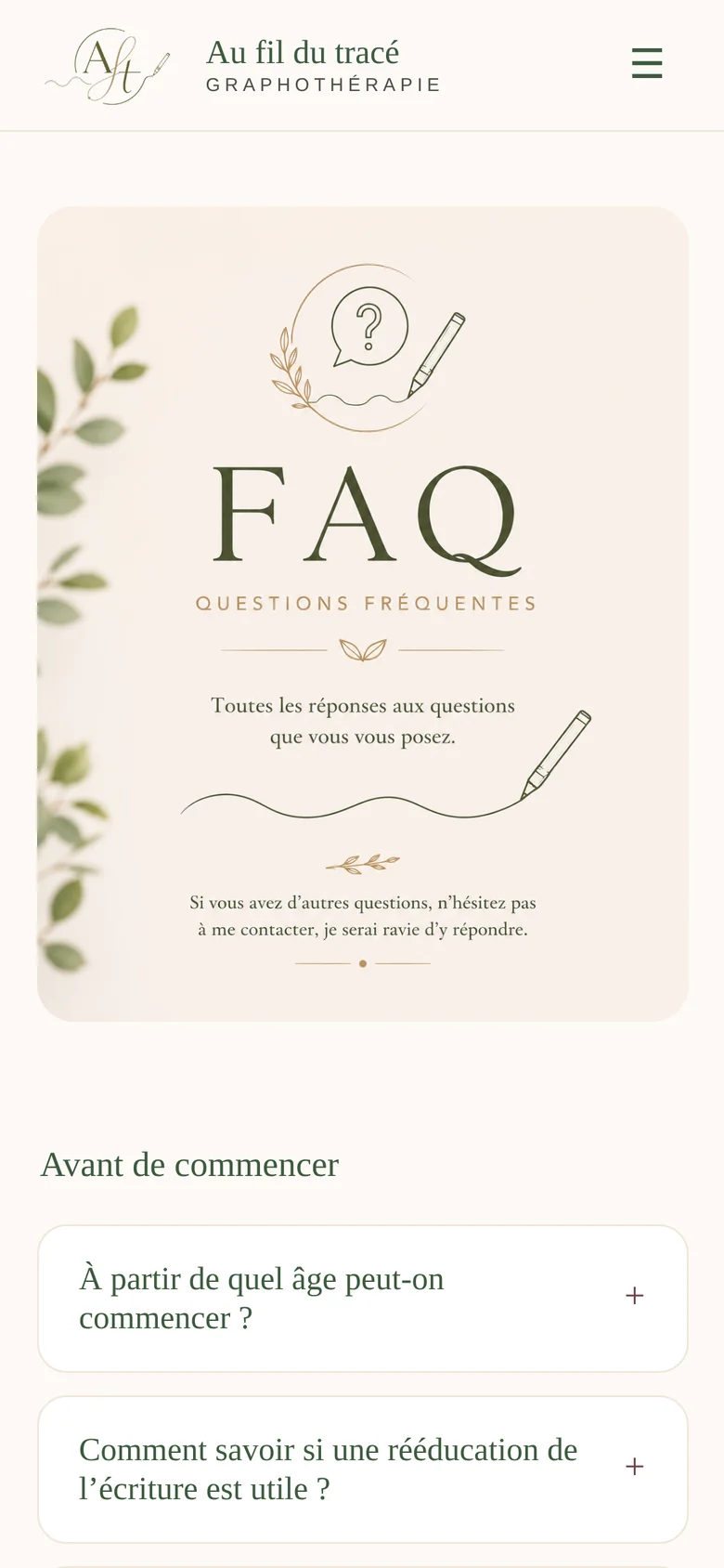 Le site livré sur mobile — page FAQ.