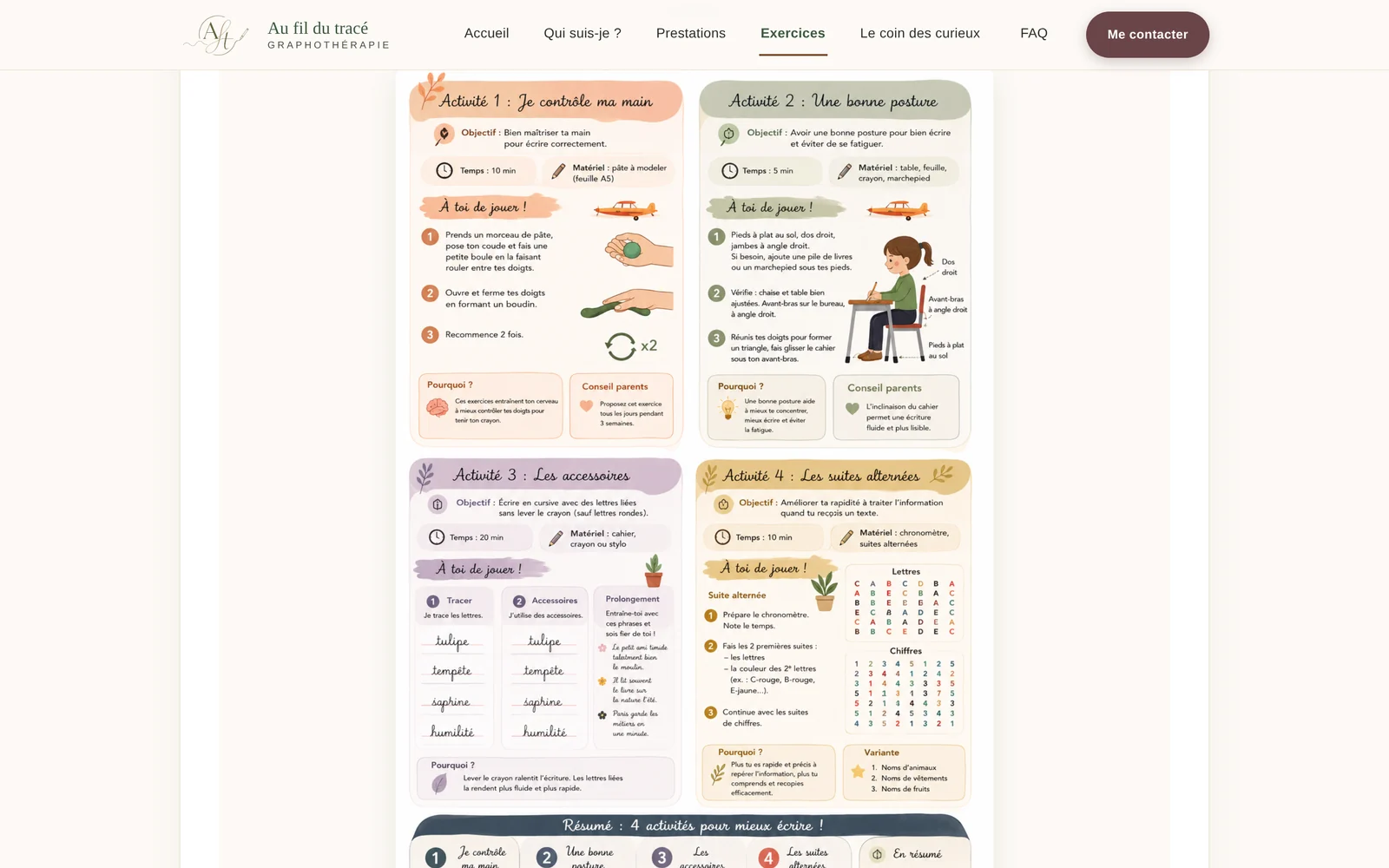 Page Exercices — la planche unique d'exercices, qui remplace les quatre vignettes initiales.