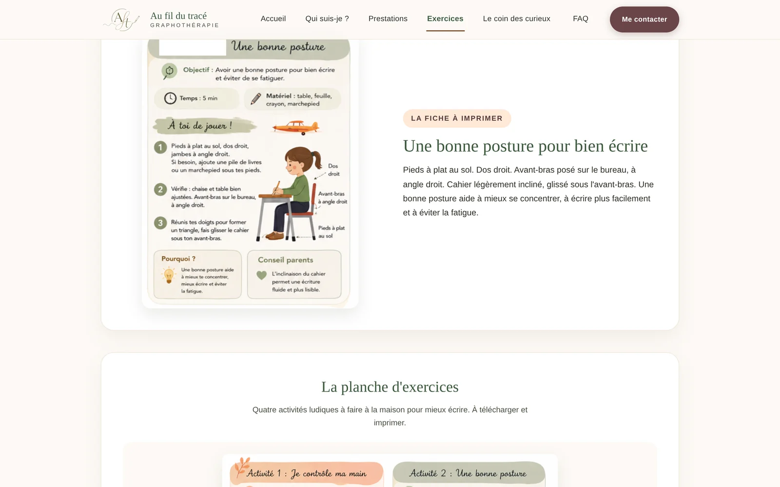 Page Exercices — l'affiche « Une bonne posture » présentée en pleine largeur.