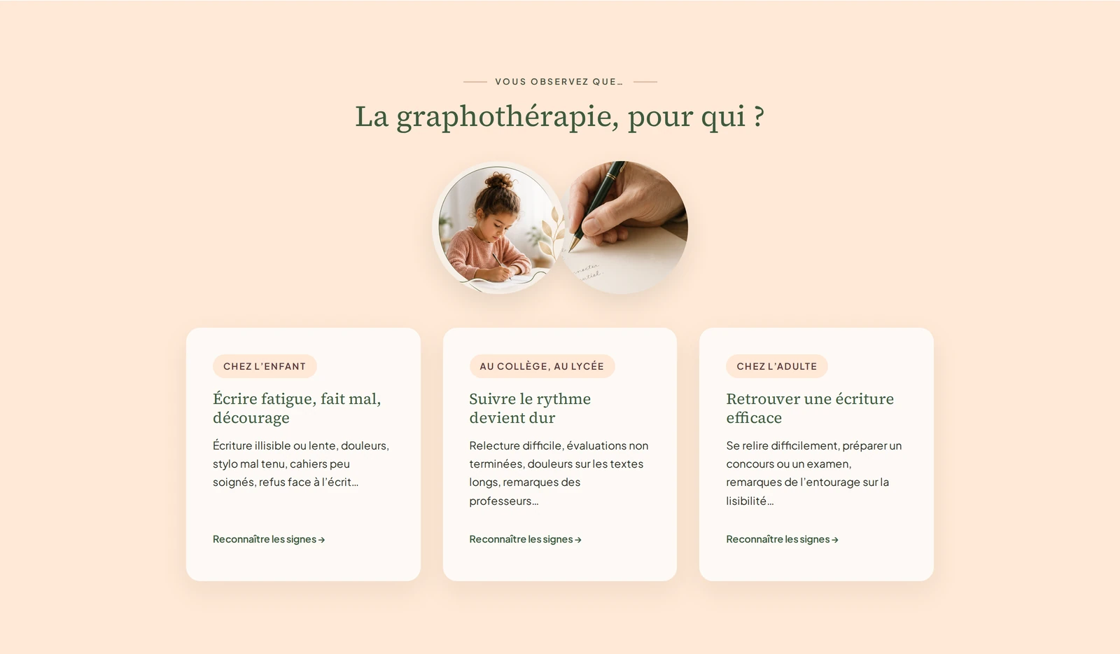 Section « La graphothérapie, pour qui ? » — trois cartes distinctes : chez l'enfant, au collège et au lycée, chez l'adulte.