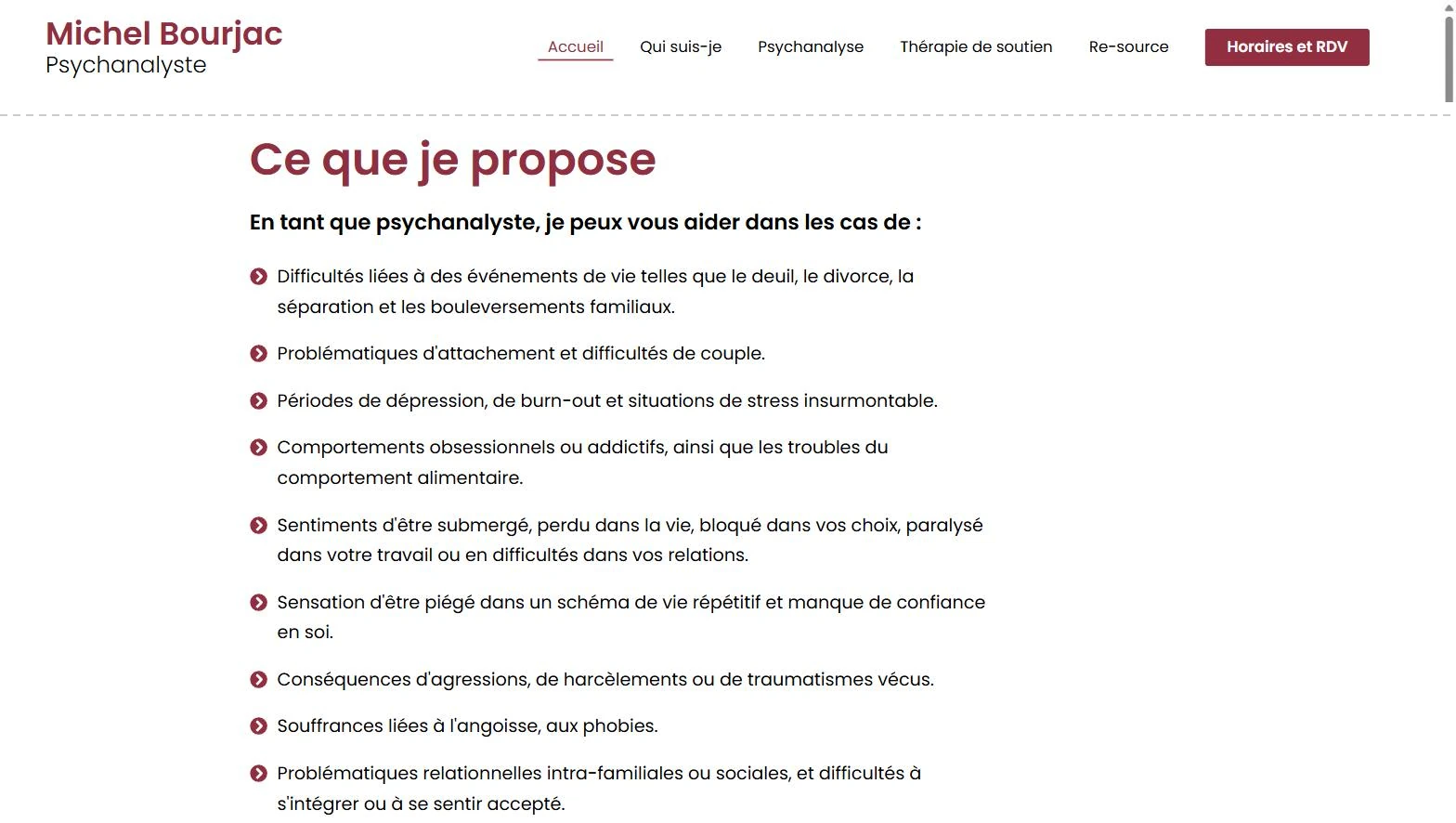 Ancien site psy-saintes.fr : barre de navigation à six entrées — Accueil, Qui suis-je, Psychanalyse, Thérapie de soutien, Re-source, Horaires et RDV — puis la section « Ce que je propose », une liste de dix situations cliniques en puces.