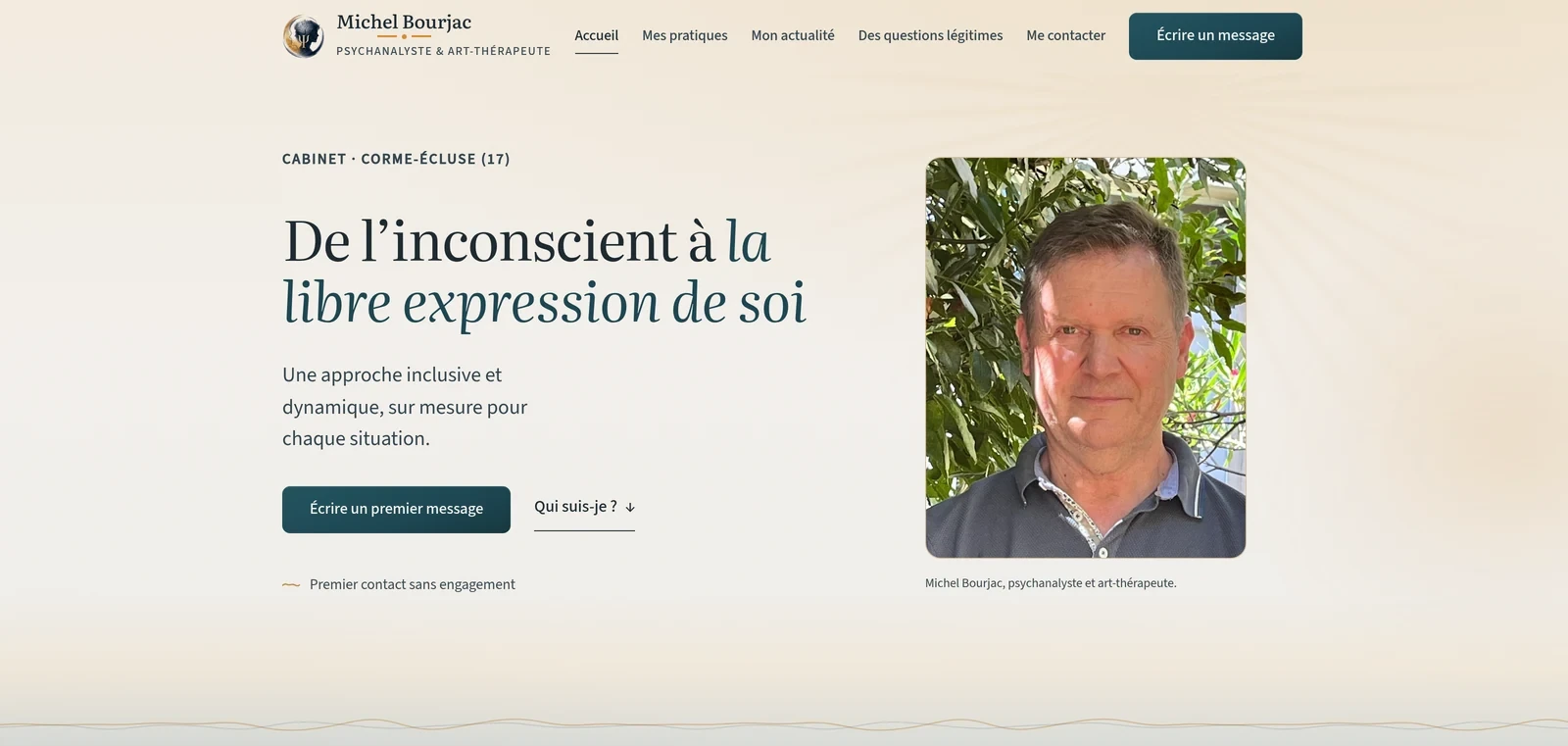 michelbourjac.fr — page d'accueil livrée : portrait du praticien, titre « De l'inconscient à la libre expression de soi », et un bouton « Écrire un premier message ».