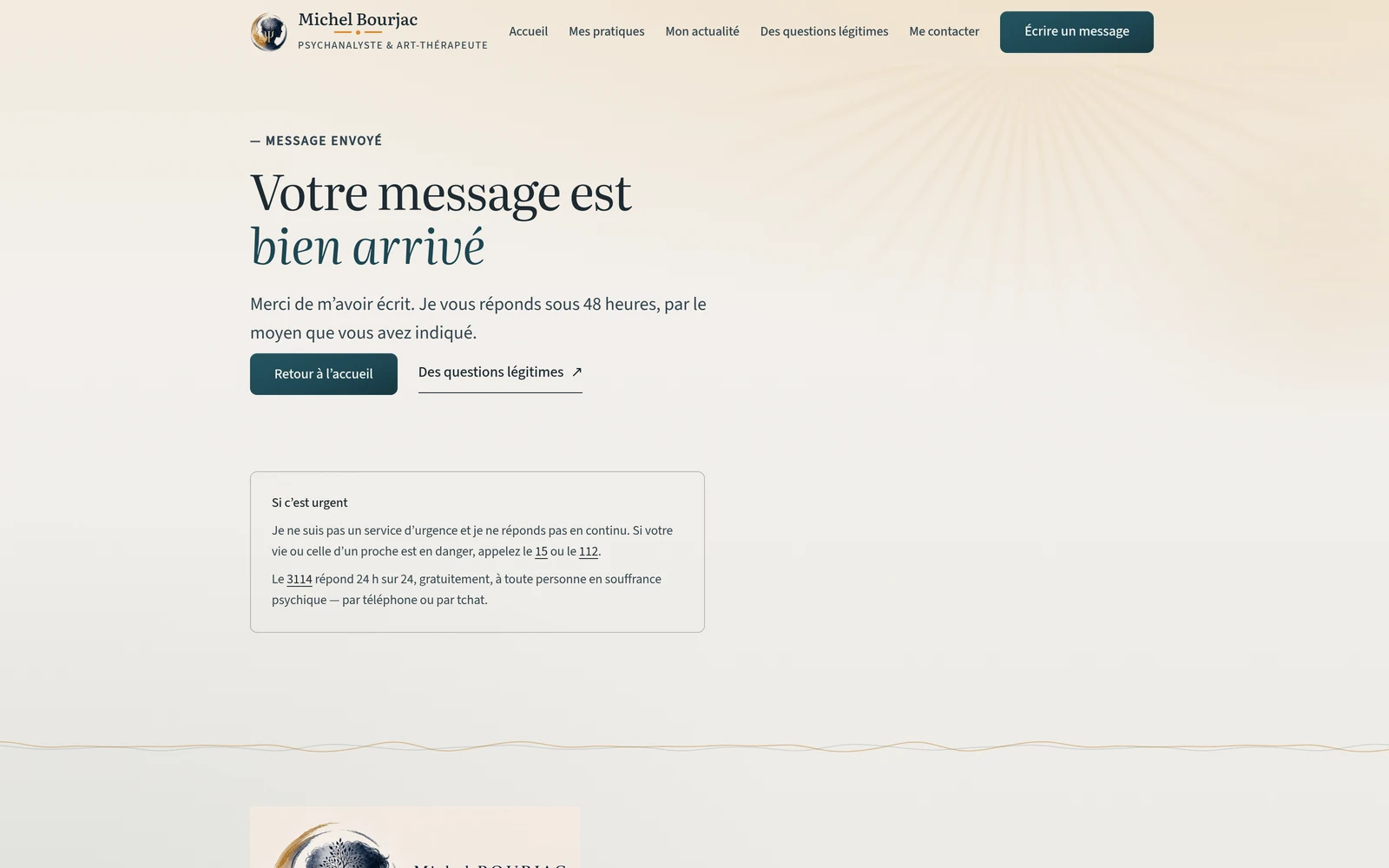 Page de confirmation « Votre message est bien arrivé », avec le délai de réponse annoncé et un encart « Si c'est urgent » renvoyant vers le 15, le 112 et le 3114.