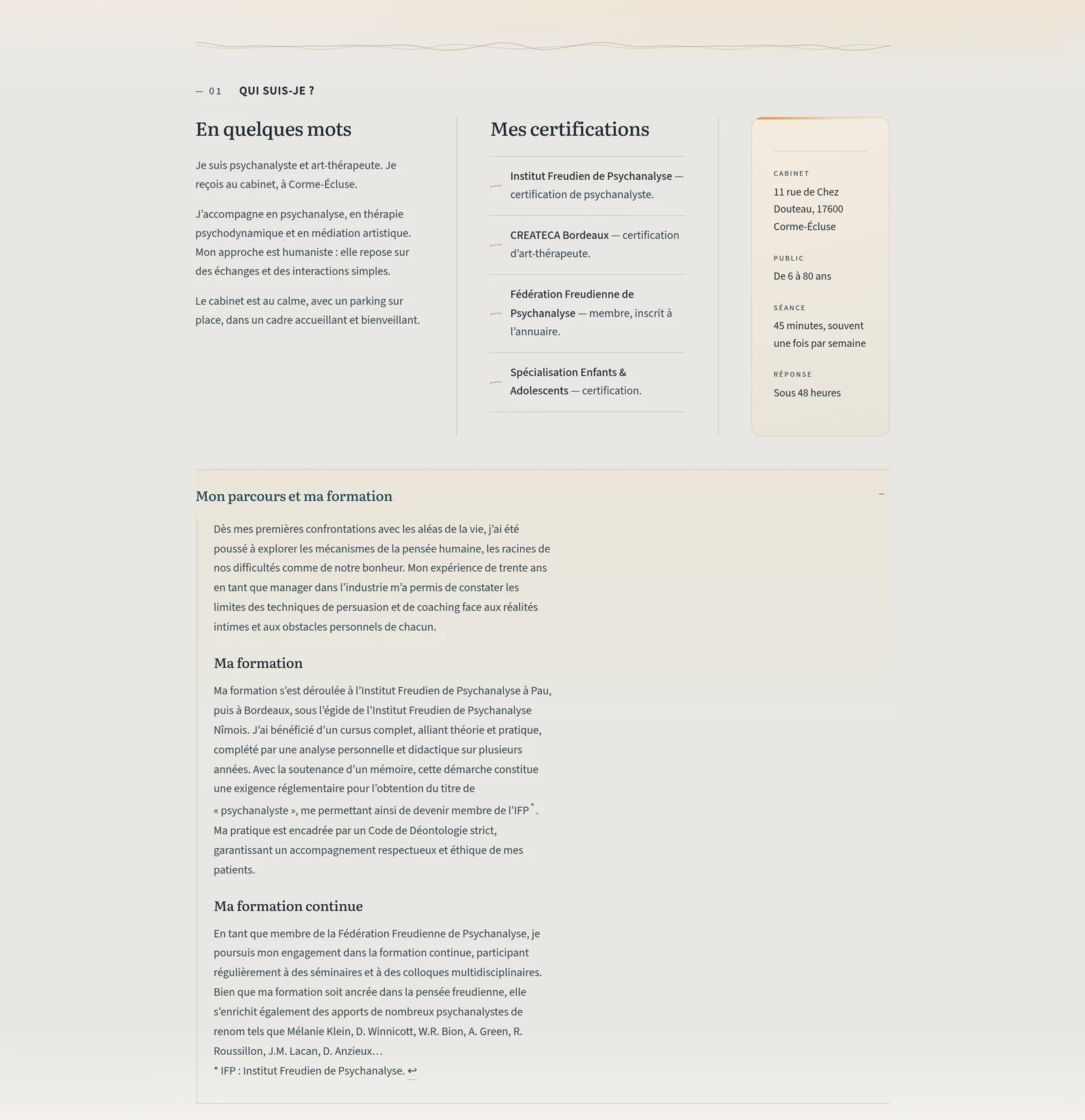 La même section, accordéon « Mon parcours et ma formation » déplié : le parcours de formation complet — instituts, analyse didactique, fédération.