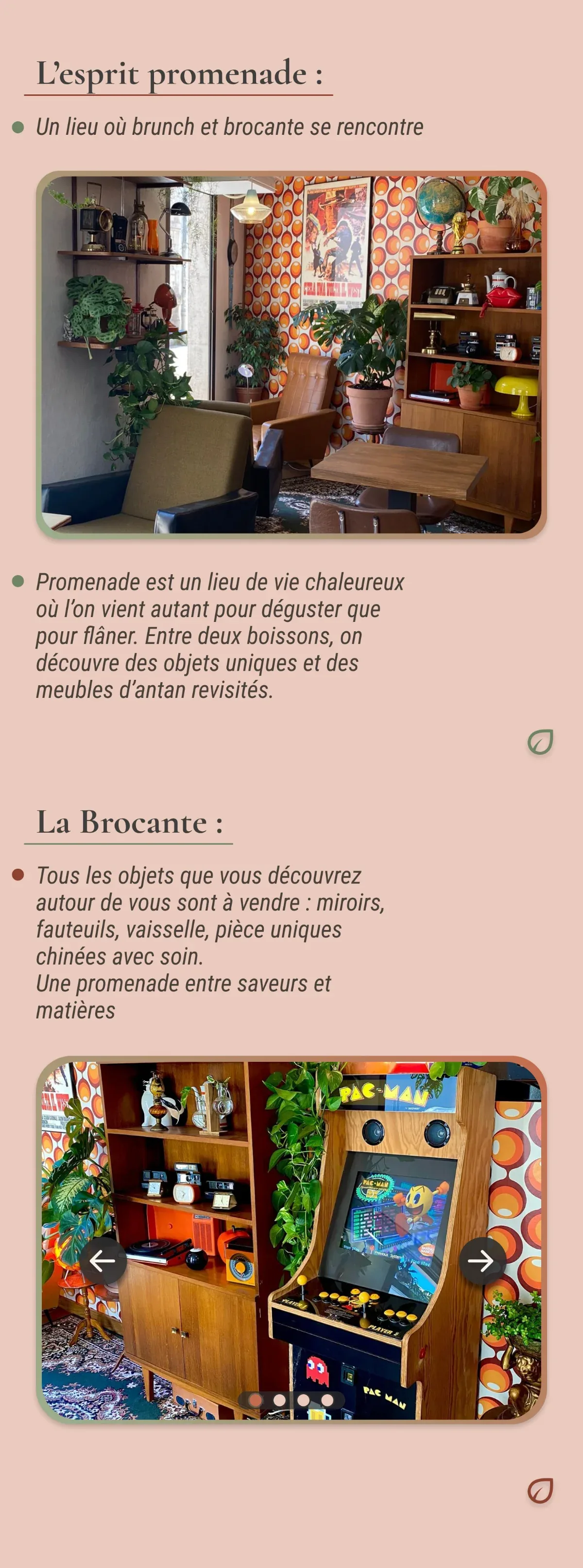 Section « L'esprit Promenade » — récit du lieu et présentation de la brocante.