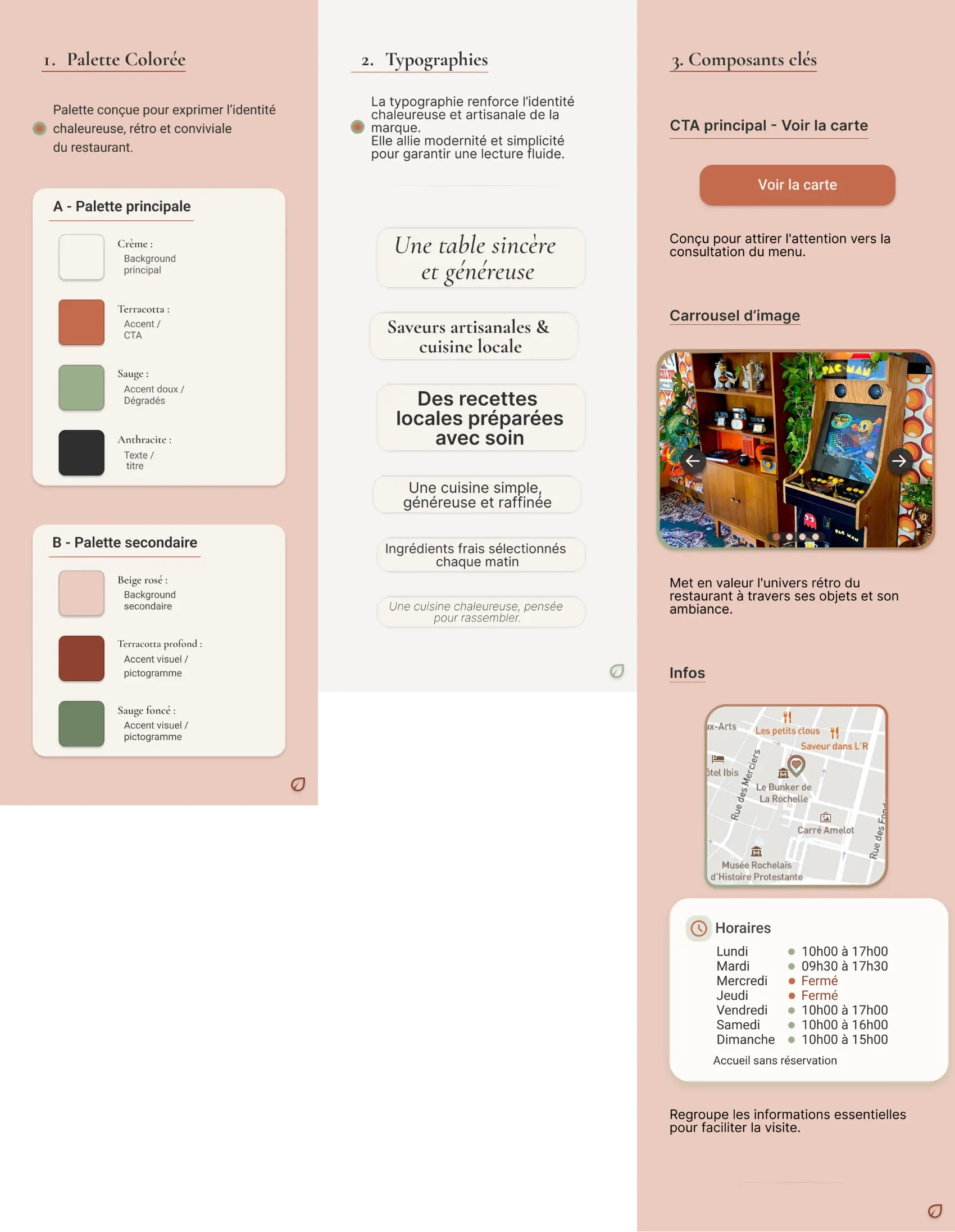 Mini design system Promenade — palette, typographies et composants clés.